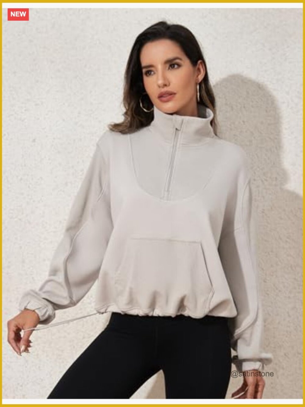 Ribbed Half Zip Cropped Sweatshirt with Pockets - Picture 4 of 6